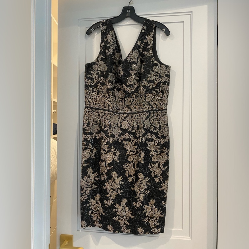 David Meister Black Dress with Gold Floral Embroidery